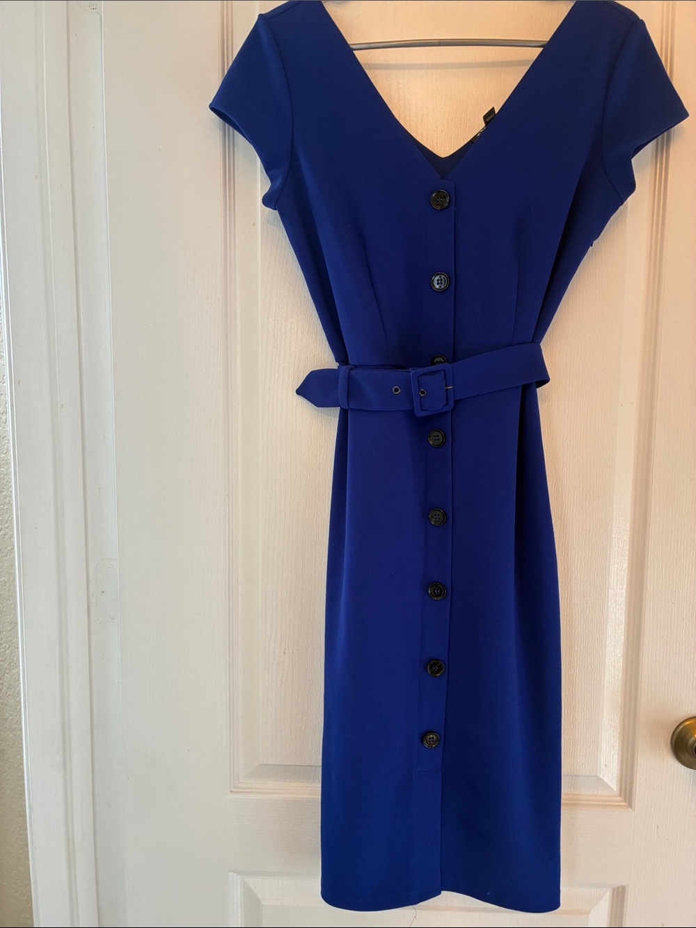 Express Classic V-Neck Button-Front Blue Dress with Belt